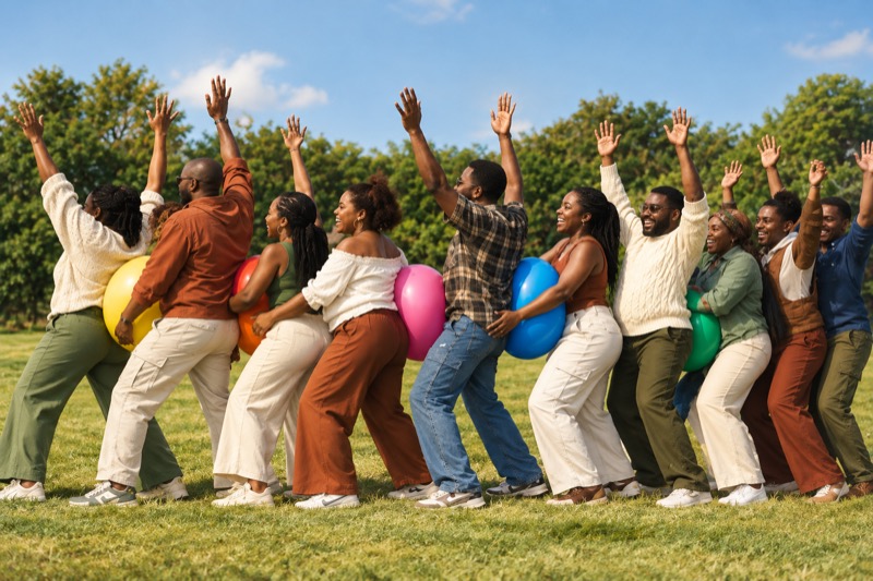 Team playing an outdoor balloon game with arms raised
