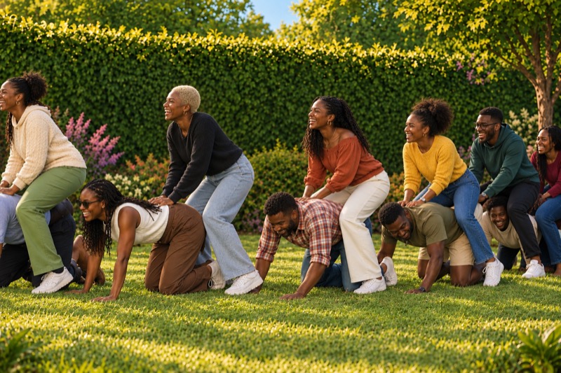 Team doing a piggyback chain game on a garden lawn